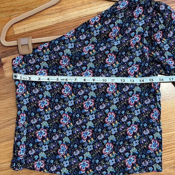 S, Frame Denim Floral Print One Shoulder Top with puff sleeve coastal blue multi - Picture 12 of 14